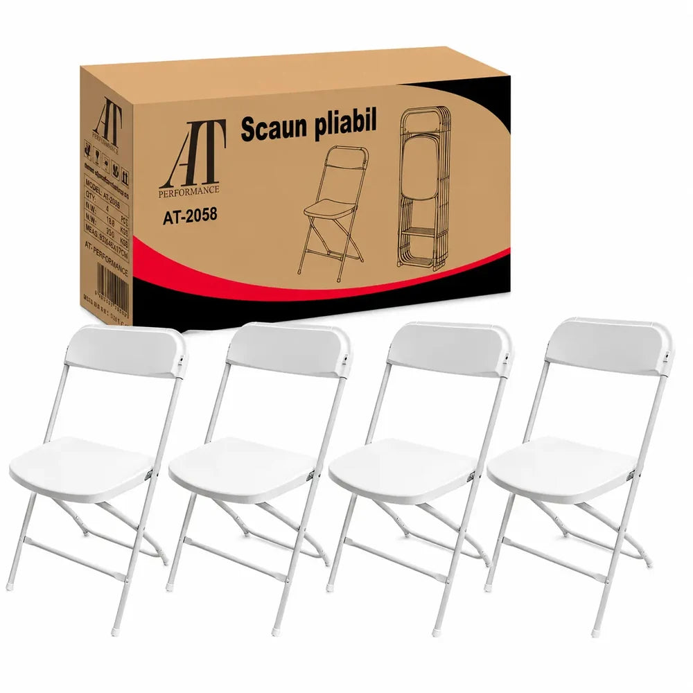 Set 4 Scaune Pliabile Albe, Cadru Metalic, Șezut și Spătar din Plastic, Interior/Exterior