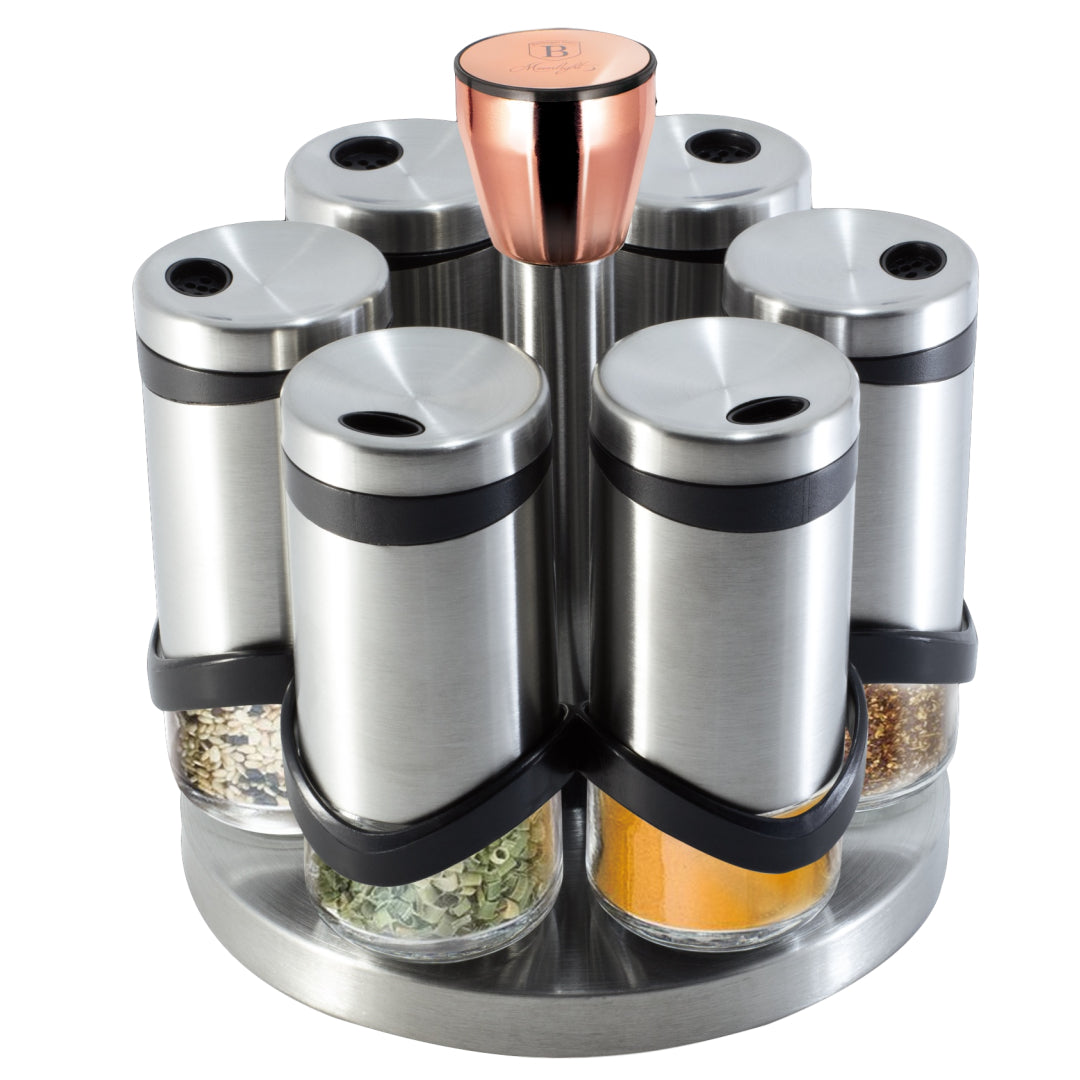 Set 7 Piese Recipiente Condimente cu Suport Rotativ Berlinger Haus Moonlight, Inox si Sticla, Rose Gold, BH/1992