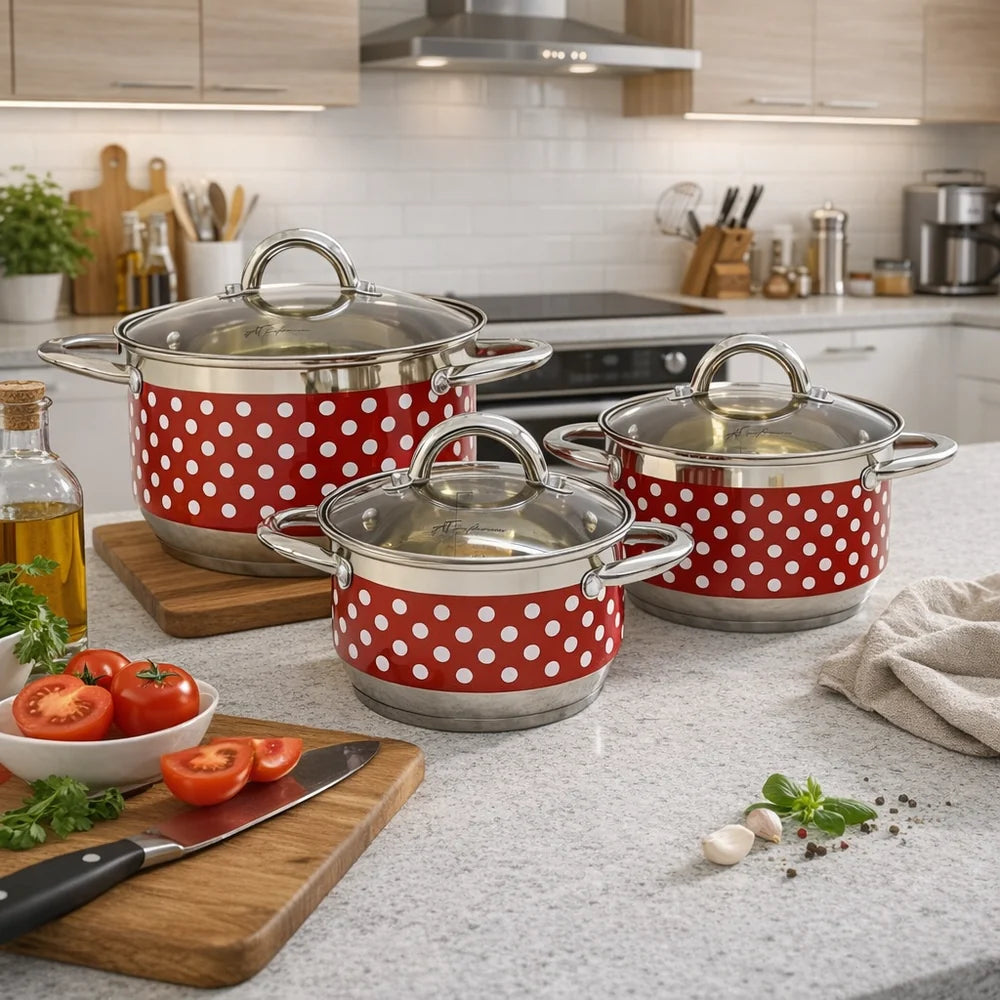Set 3 Oale din Inox cu Capace din Sticlă, 1.9L + 3.6L + 4.7L, Design cu Buline