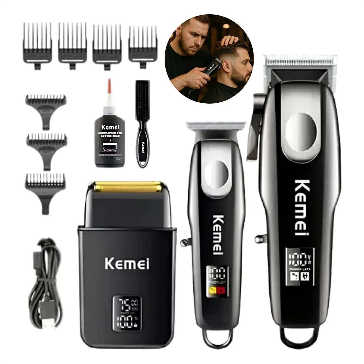 Set Profesional 3 în 1 pentru Bărbați, KEMEI - 8531, Mașină de Tuns, Trimmer T-Blade și Shaver, 6000-7500 RPM, Display LCD, USB