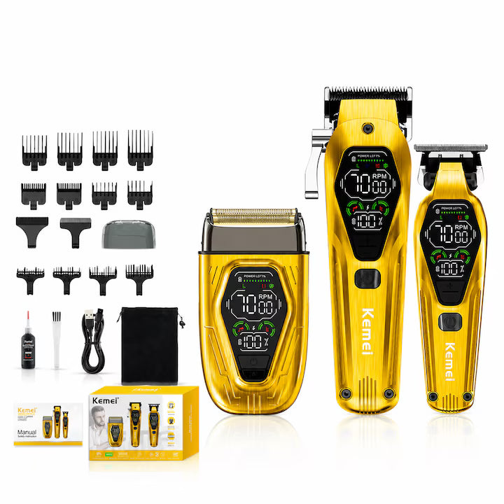 Set Profesional 3 în 1 pentru Bărbați, Kemei KM-8551, Mașină de Tuns, Trimmer și Shaver, 7000-9000 RPM, Display LED, 12 Piepteni, USB
