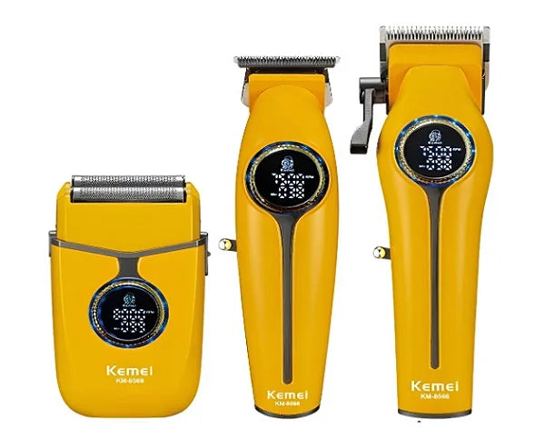 Set Profesional 3 în 1 pentru Bărbați, Kemei KM-8566, Mașină de Tuns, Trimmer și Shaver, 7500/8000 RPM, Display Digital, USB-C