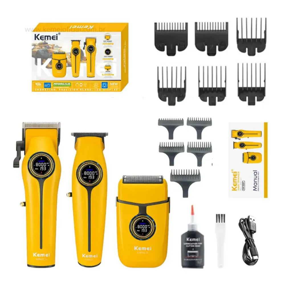 Set Profesional 3 în 1 pentru Bărbați, Kemei KM-8566, Mașină de Tuns, Trimmer și Shaver, 7500/8000 RPM, Display Digital, USB-C
