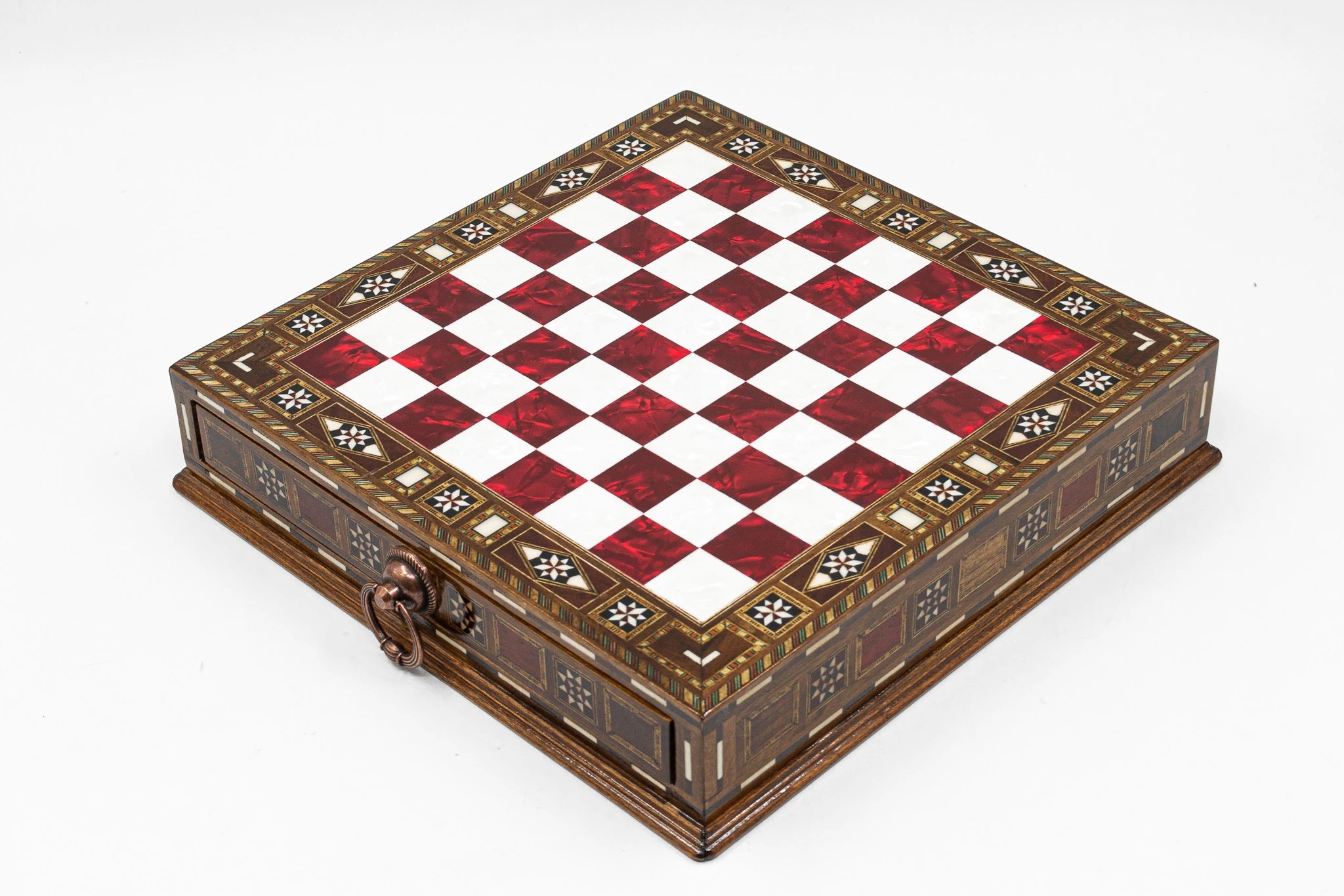 Set Sah de Lux Tematica Imperiul Roman, Piese Metalice, Tabla Lemn Masiv 32 cm, Lucrat Manual, Cutie Depozitare