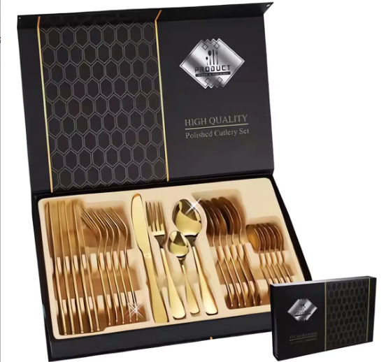 Set Tacâmuri Auriu 24 Piese din Inox, Finisaj Lucios, Design Elegant – Pentru 6 Persoane, Ideal pentru Mese Festive și Zilnice