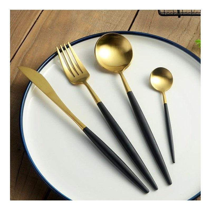 Set Tacâmuri Negru-Auriu 24 Piese din Inox, Finisaj Lucios – Design Elegant pentru 6 Persoane, Rezistent și Modern