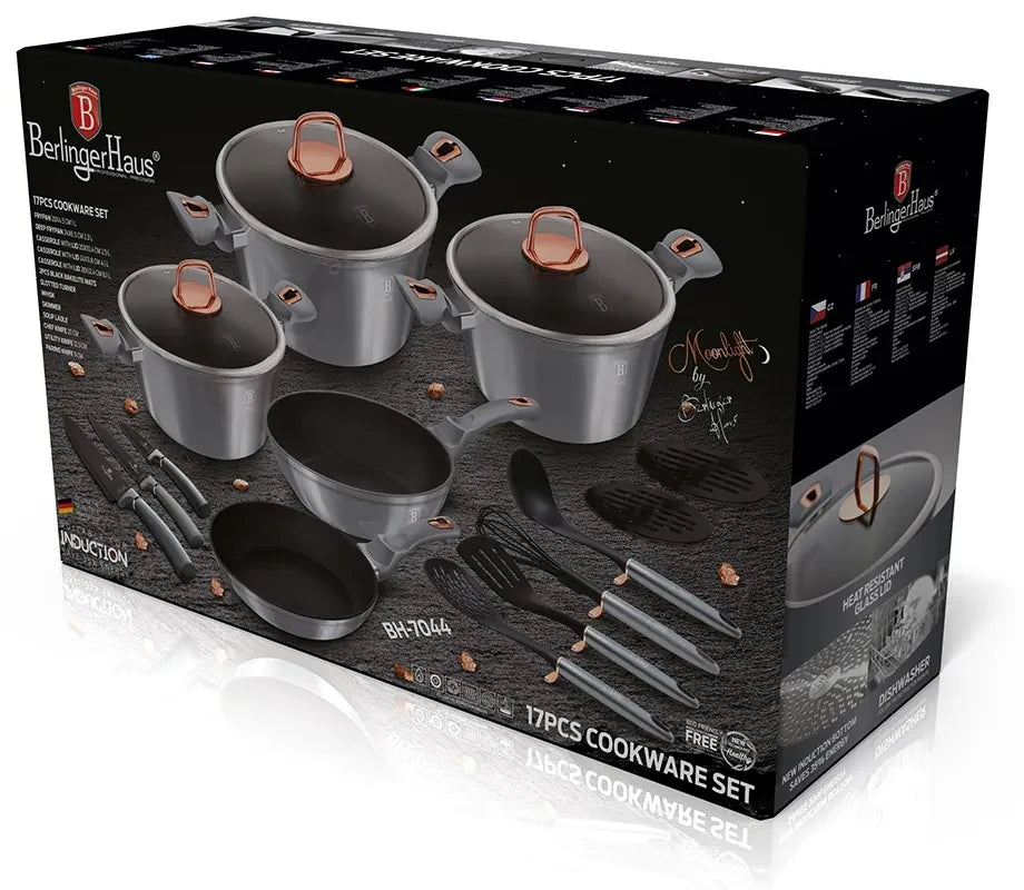 Set 17 Piese Vase de Gatit si Cutite Berlinger Haus Moonlight Collection, Strat Marmura, Inductie, Gri Metalizat, BH-7044