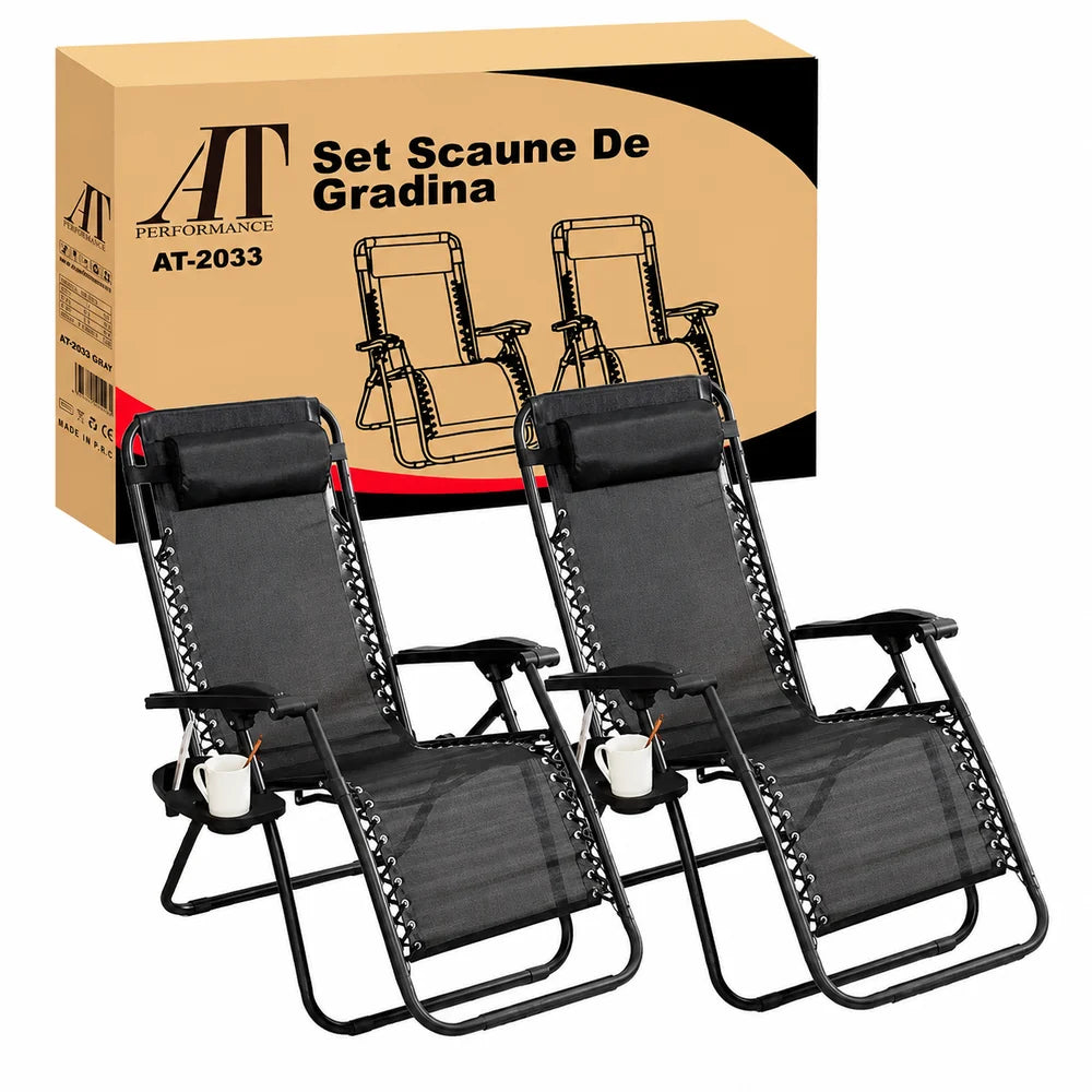 Set 2 Șezlonguri Pliabile AT PERFORMANCE®, Zero Gravity, Suport Pahar, 175 × 65 × 110 cm