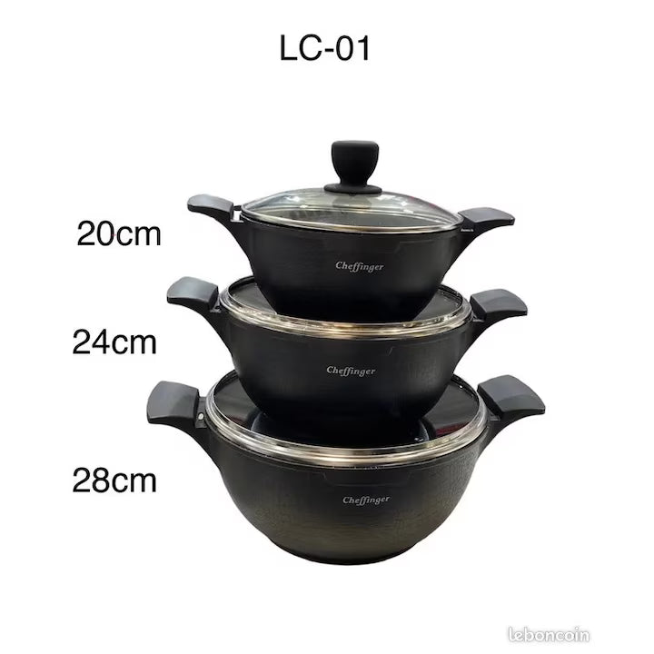 Set 3 Oale Marmorate Cheffinger Neagra cu Capace din Sticlă Termorezistentă, 20 24 28 cm, Aluminiu Antiaderent