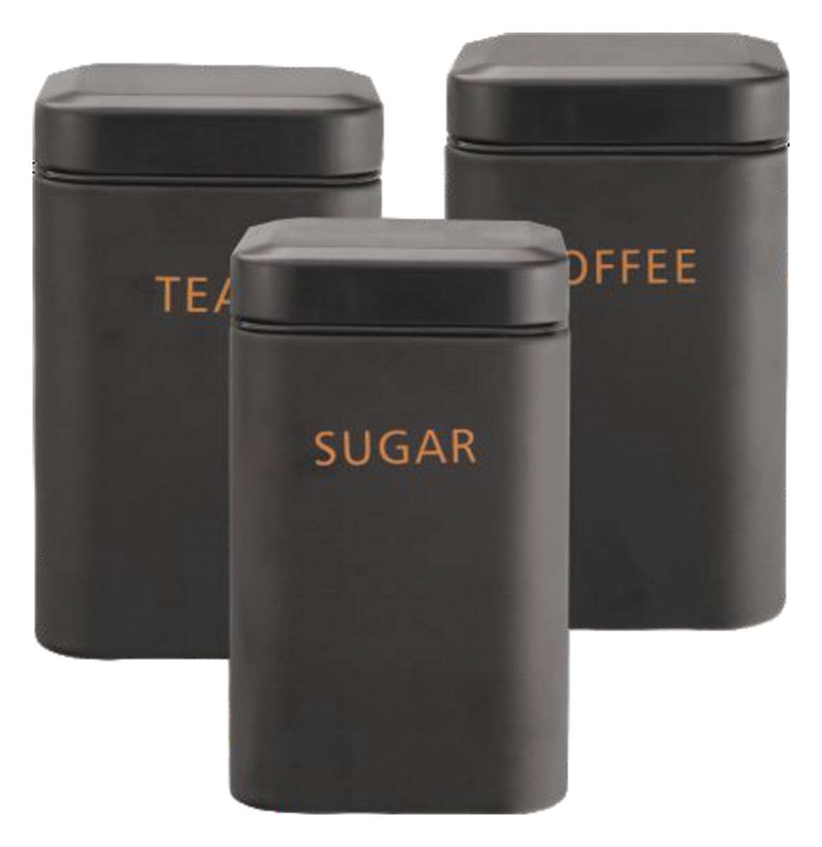 Set 3 Recipiente Depozitare Cheffinger, Metal Negru, Capace Etanșe, 9 x 14.5 cm – Pentru Zahăr, Cafea, Ceai, Făină