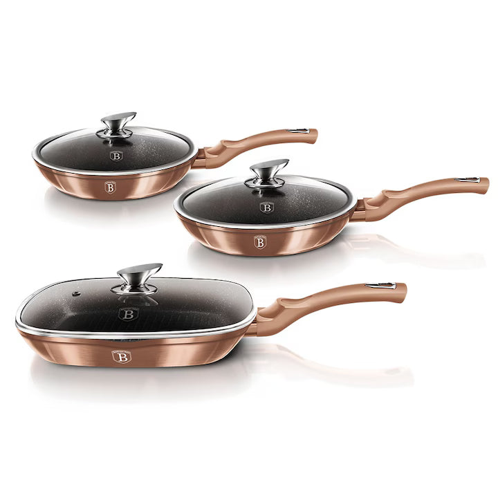 Set 3 Tigăi Marmorate cu Capace Berlinger Haus Carbon Pro BH 6923 – Ø20cm, Ø24cm, Ø28cm, Antiaderente, Aluminiu Forjat, Turbo Induction, Auriu Rose