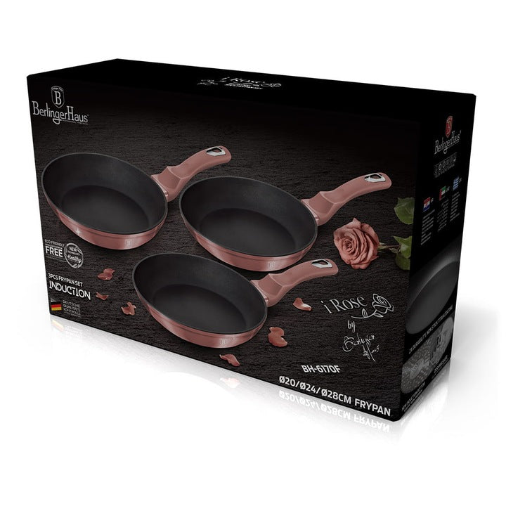 Set 3 Tigăi din Granit Berlinger Haus i-Rose Edition – Ø20cm, Ø24cm, Ø28cm, Aluminiu Forjat, Turbo Induction, Soft Touch, Culoare Rose Metalizat
