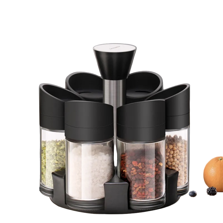 Set 6 Recipiente Condimente cu Suport Rotativ 360°