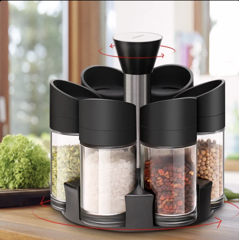 Set 6 Recipiente Condimente cu Suport Rotativ 360°