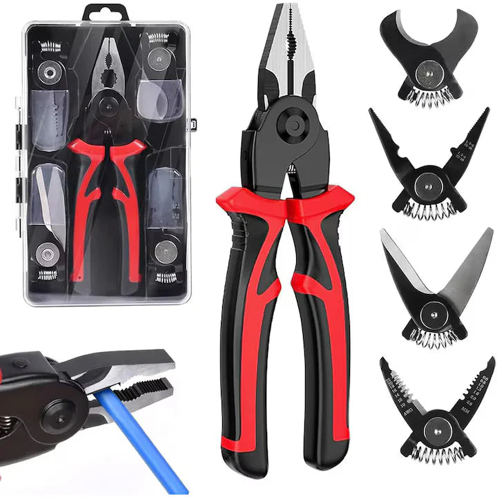 Set Cleste Multifunctional 5 in 1 cu Capete Interschimbabile, Patent, Dezizolator, Taietor Cablu, Sertizor, Foarfeca Tabla