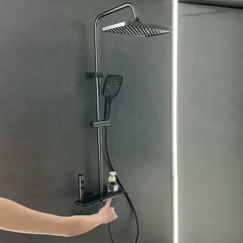 Set de duș inteligent cu afișaj digital – Aluminiu gri metalizat, cap pătrat tip ploaie, 5 moduri de pulverizare, montaj pe perete