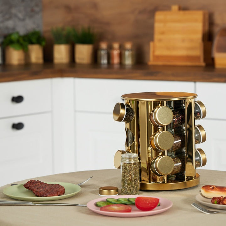 Set de 12 Recipiente pentru Condimente cu Suport Rotativ, Oțel și Sticlă, Auriu/Transparent
