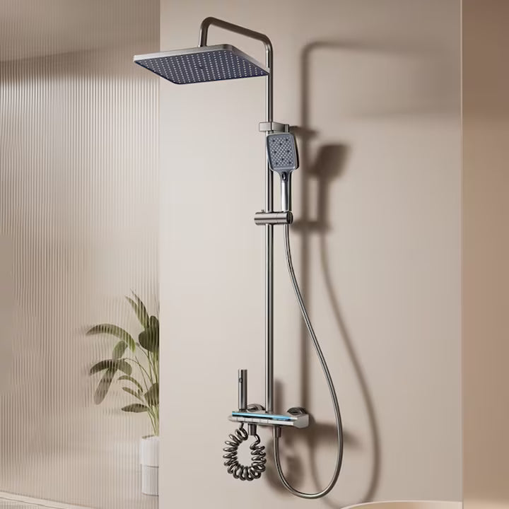 Set de Duș Digital cu Termostat și LED, Afișaj Digital al Temperaturii, 4 Funcții de Curgere, Duș Ploaie + Bideu, Robinet și Coloană de Cupru si Alamă, Montaj pe Perete, Finisaj Gri Grafit Premium