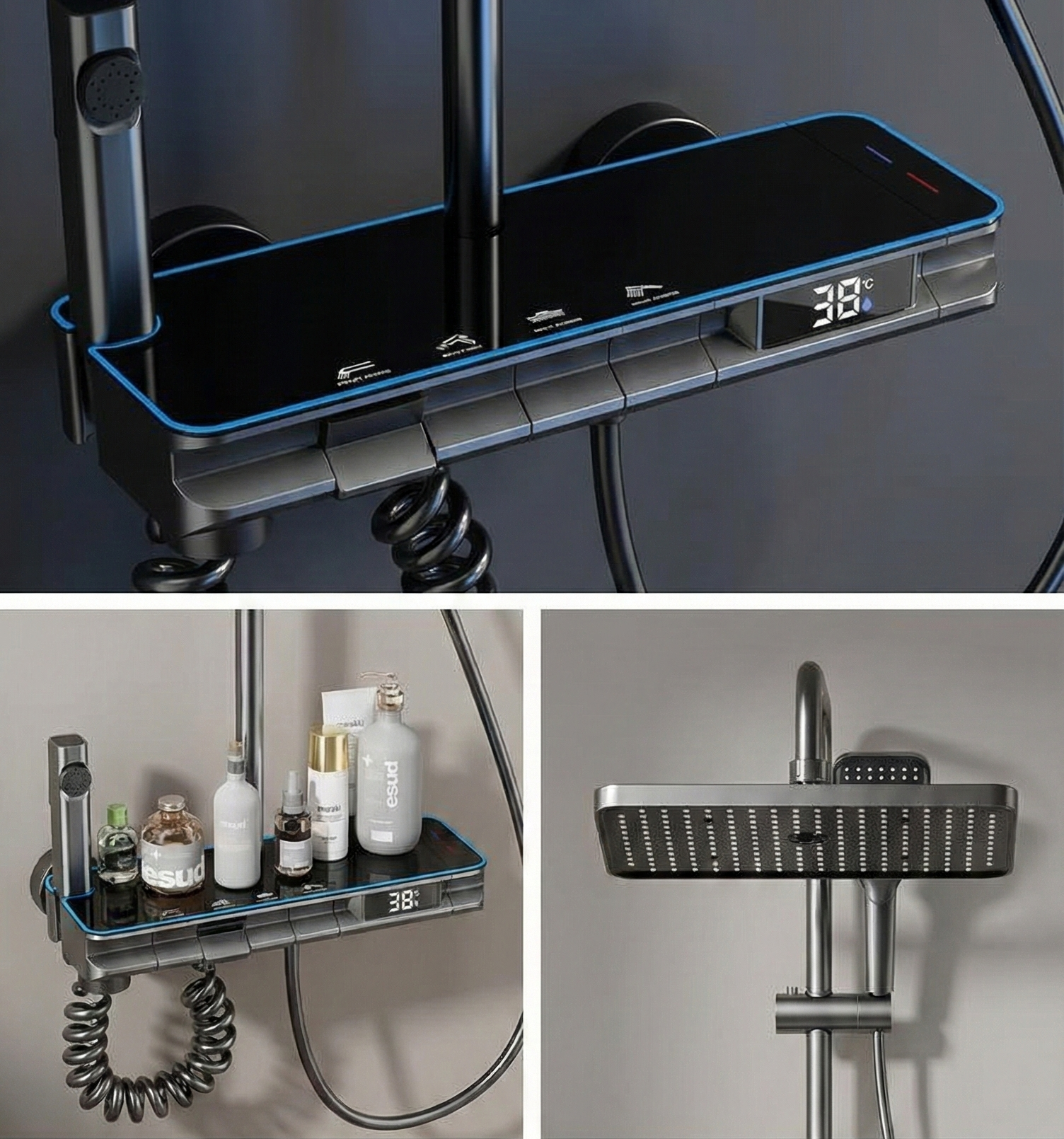 Set de Duș Smart, Termostatică cu Afișaj LED, 4 Moduri Jet, Rotire 360°, Fără Conectare Electrică