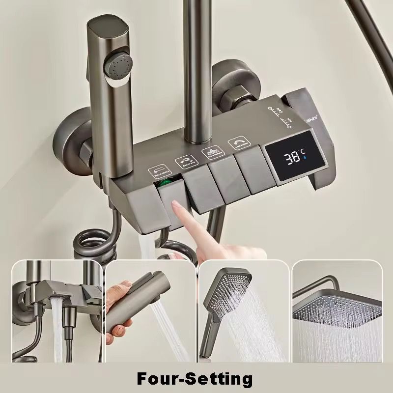Set de duș 5 în 1 cu afișaj digital, pipa pentru cadă, duș de mână și efect de ploaie, finisaj nichelat, montaj pe perete