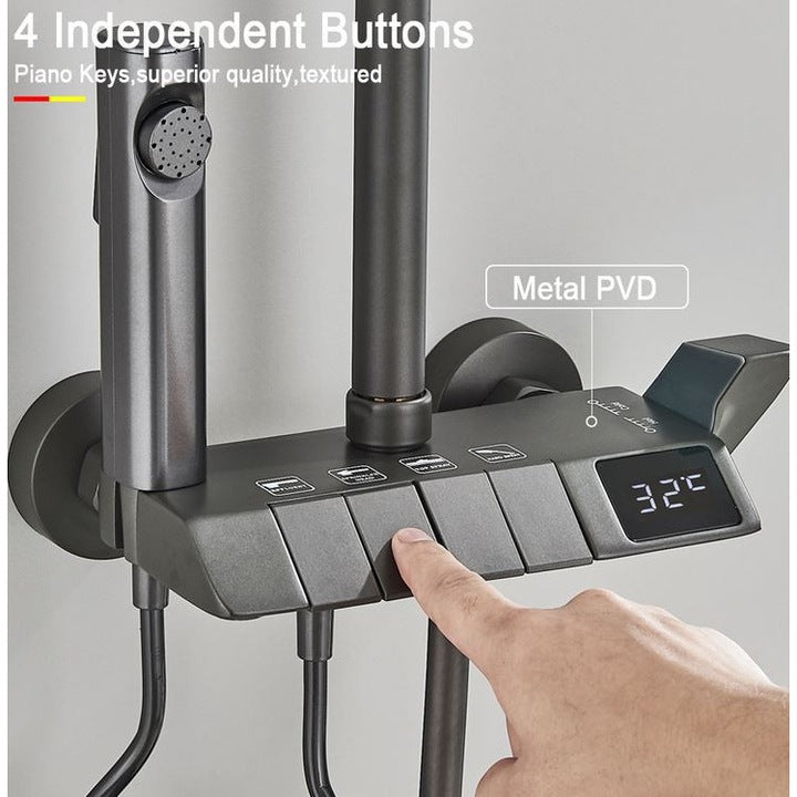 Set de duș 5 în 1 cu afișaj digital, pipa pentru cadă, duș de mână și efect de ploaie, finisaj nichelat, montaj pe perete