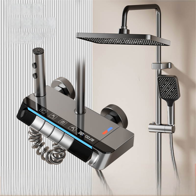 Set de duș inteligent 4 în 1 cu afișaj LED, comenzi tip Piano, termostat și cap rotativ 360°, model HW-085, gri închis, montaj pe perete