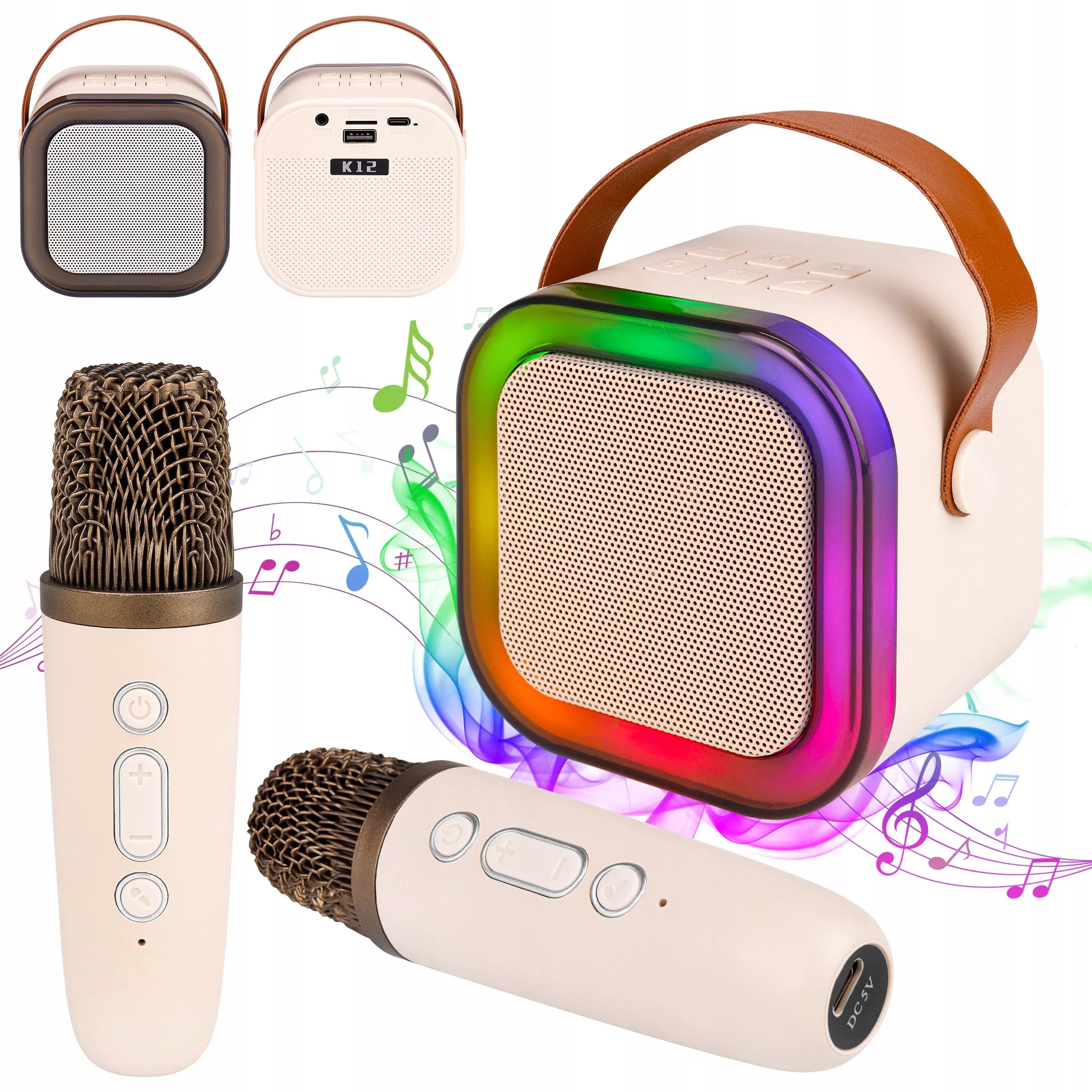 Set karaoke cu boxă și 2 microfoane, iluminare RGB, Bluetooth 5.3, baterie 500mAh