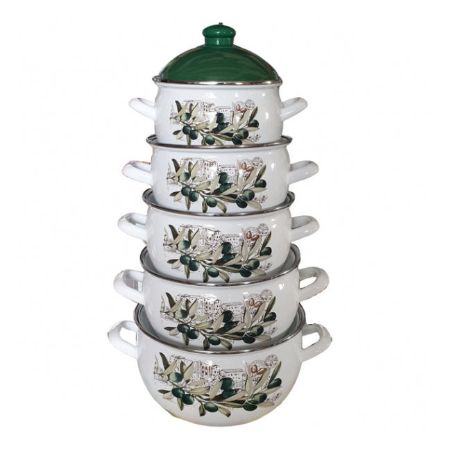 Set 5 oale emailate cu capace Savasan, 2.2–6 L, model Ramură Măslin
