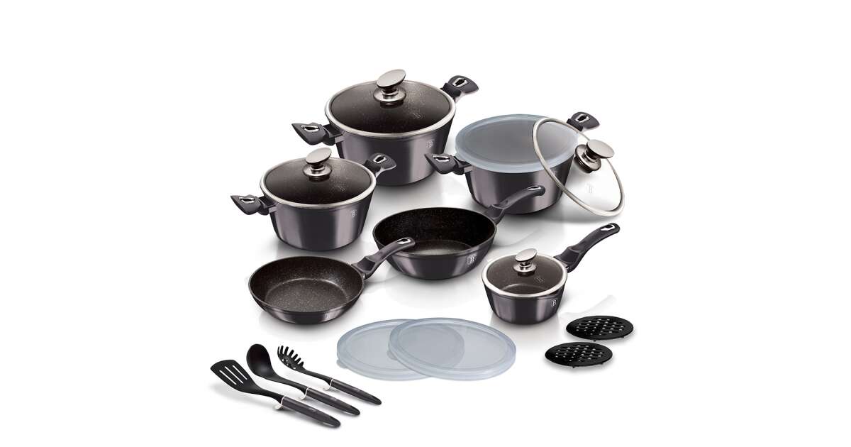 Set oale și tigăi marmorate cu capace și ustensile, 18 piese Berlinger Haus BH-6887 Carbon Pro Edition