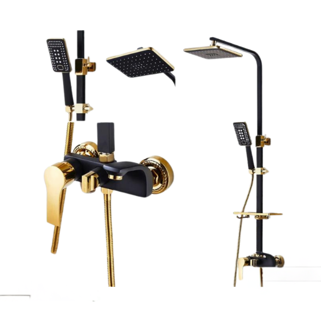 Sistem Coloana de Dus Premium Negru cu Auriu, Baterie Termostata, Cap Ploaie, Pistol si Butoane Pian, Design Modern