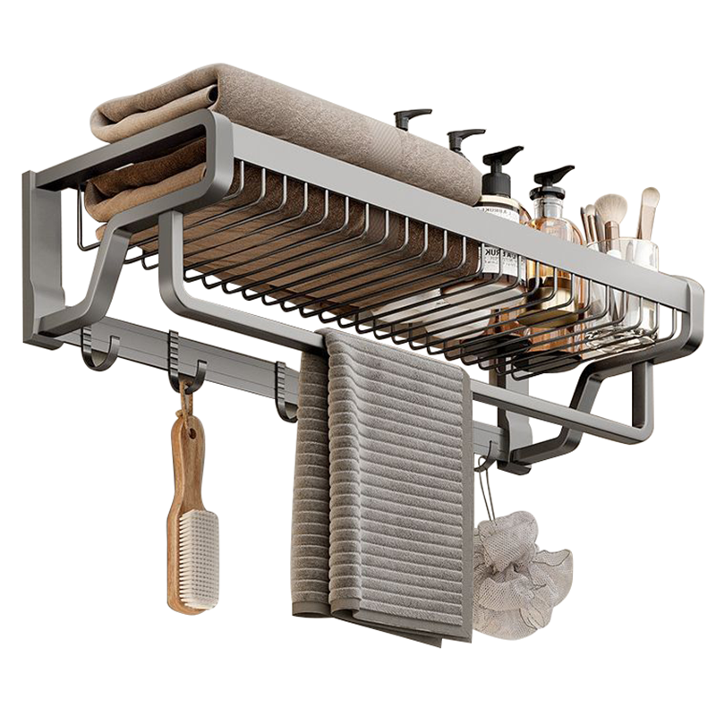 Suport Prosoape Baie Pliabil, Aluminiu, 2 Niveluri, Bara si Carlige, Montare Adeziva