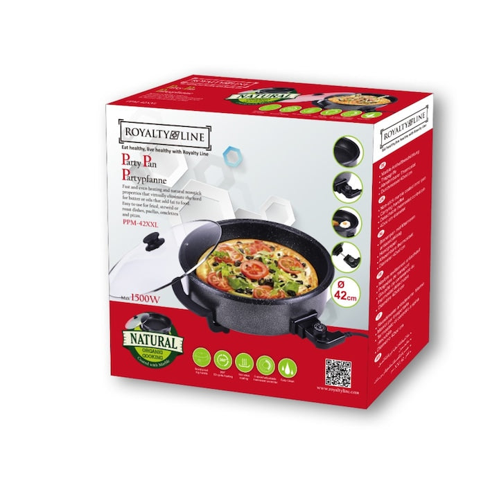 Tigaie Electrică Marmorată cu Capac de Sticlă Royalty Line RL-PP42XXL, 42 cm, 1500W, XXL, Negru