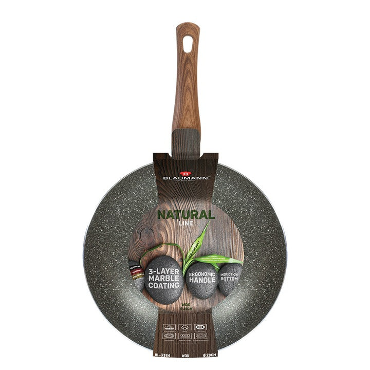 Tigaie Wok cu Capac, 28 cm, 3.2L, Aluminiu cu Strat de Marmură, Gri Închis – Antiaderentă, pentru Plite pe Gaz