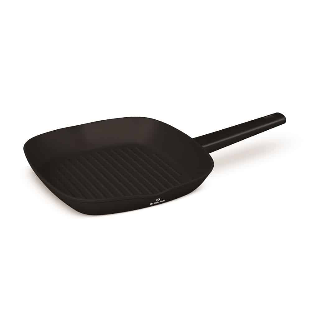 Tigaie Grill Blaumann BL-3996, Aluminiu Forjat, 26x26 cm, 3 Straturi Marmura Antiaderenta, Inductie, Negru Mat