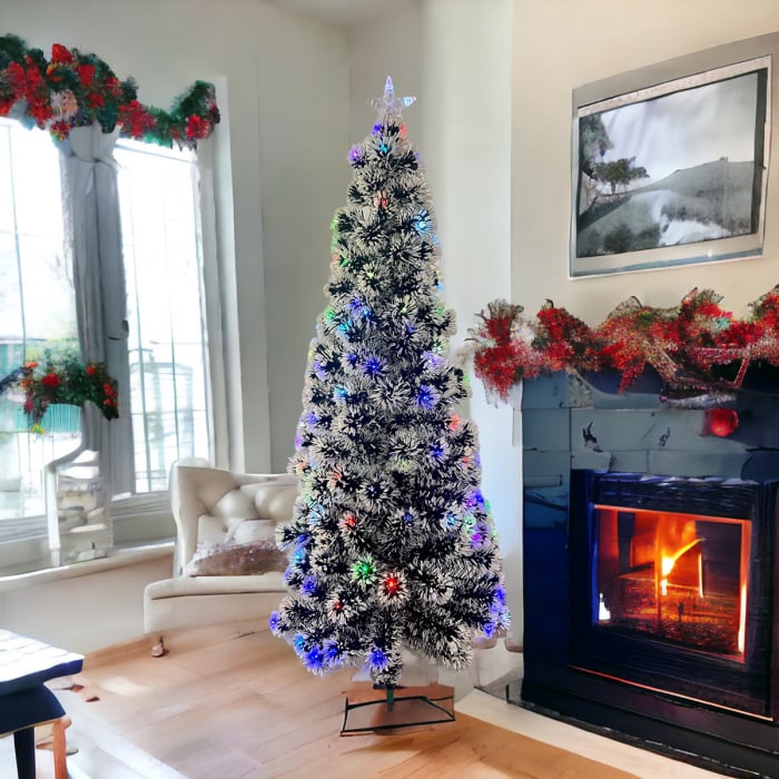 Titlu Produs: Brad Artificial de Craciun cu Varfuri Ninse, Instalatie LED si Fibra Optica, Stea Inclusa, Suport Metalic, 210 cm