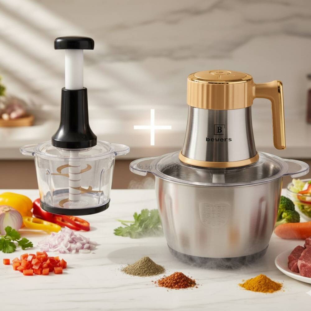 Tocător Electric BEYERS BH-2880, 1000W, 3L Inox + Tocător Manual 3L din Sticlă, 6 Lame, Multifuncțional, Negru/Auriu