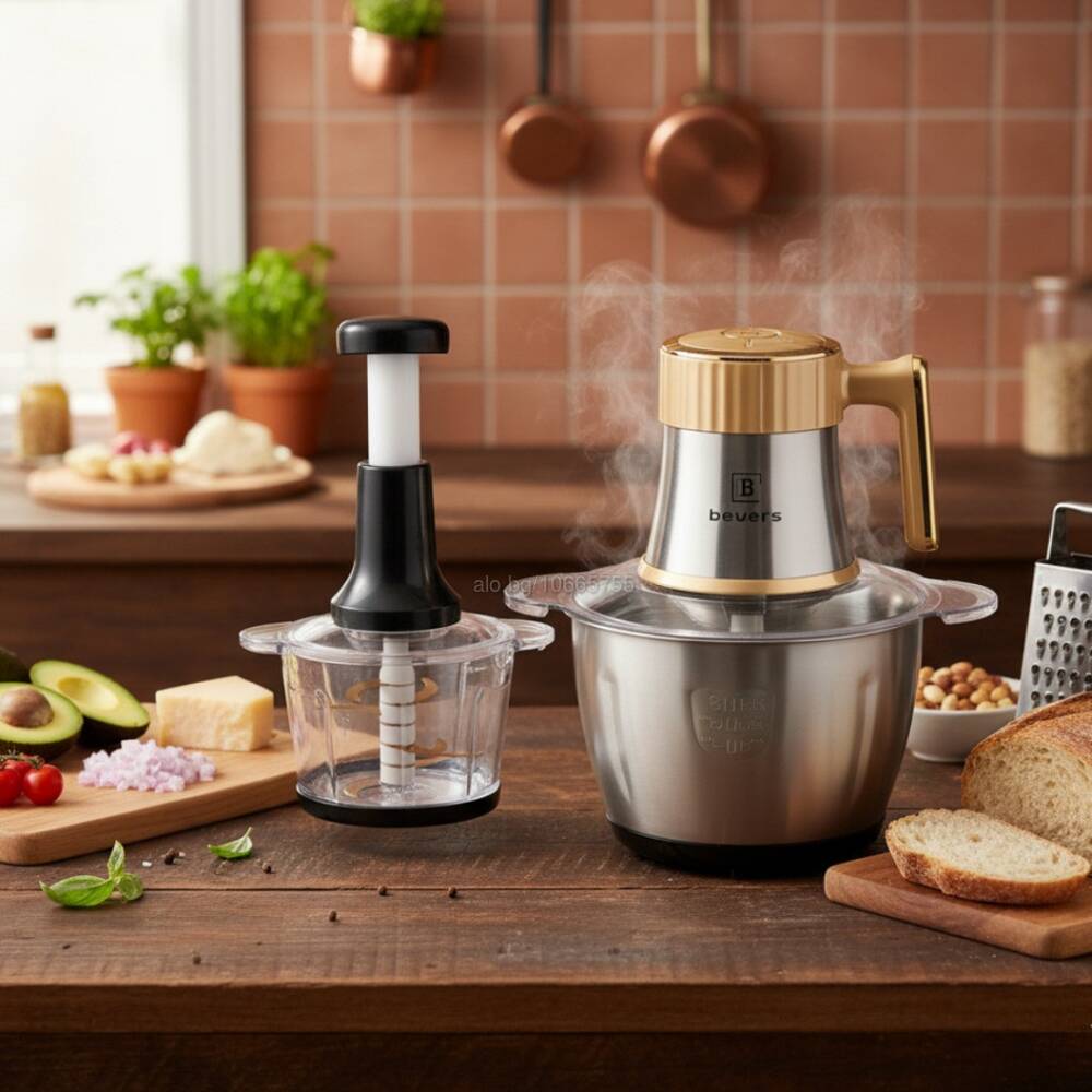 Tocător Electric BEYERS BH-2880, 1000W, 3L Inox + Tocător Manual 3L din Sticlă, 6 Lame, Multifuncțional, Negru/Auriu