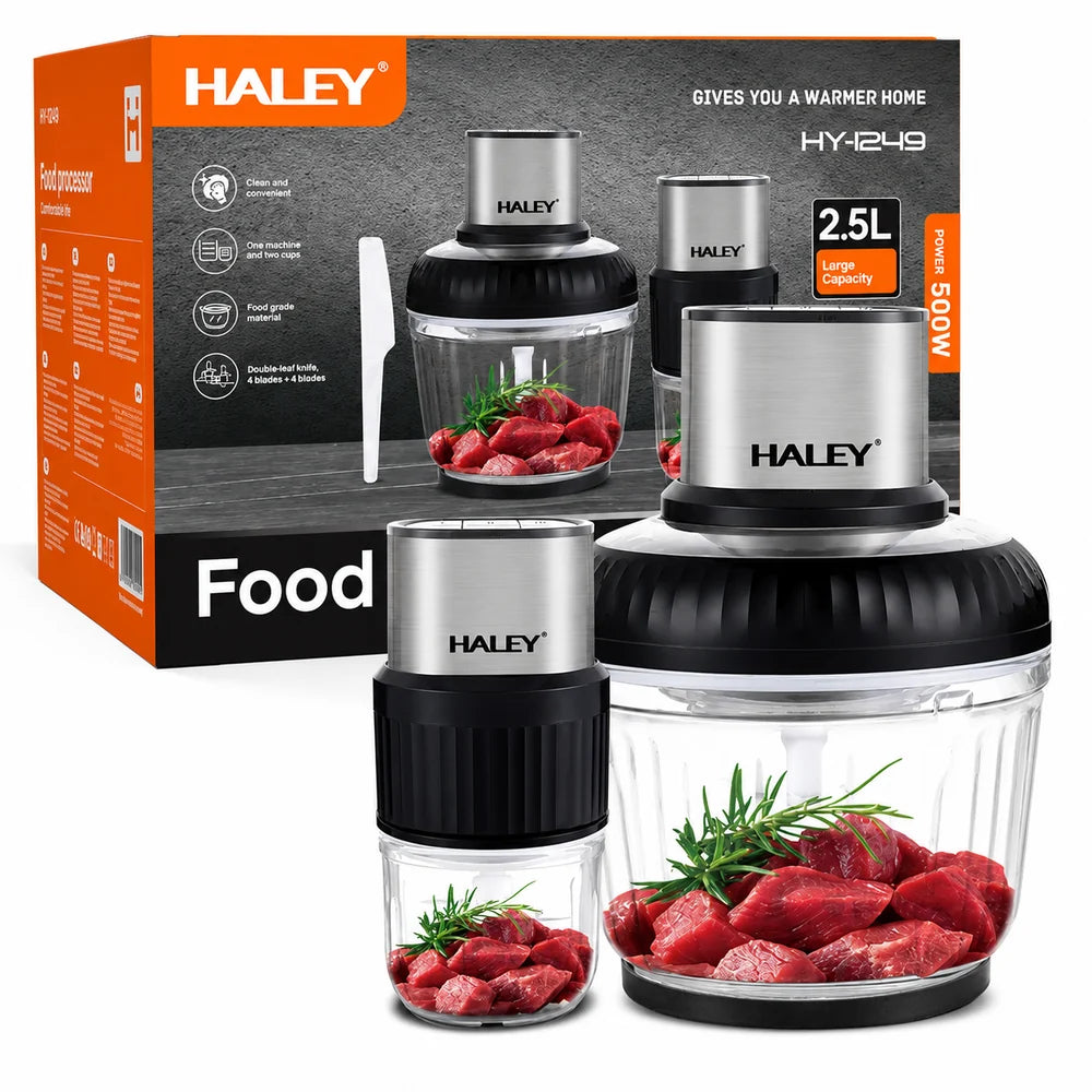 Tocător Electric HALEY HY-1249, 500W, 2 Recipiente 2.5L + 0.5L, 3 Viteze, 4 + 6 Lame