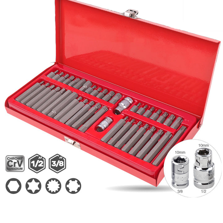 Trusă 41 Piese Biți Chei Torx, Hex, Spline | Set Scurt și Lung cu Adaptoare 1/2" și 3/8"