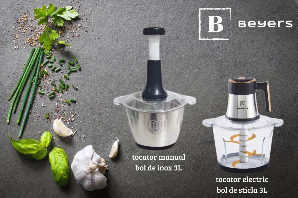 Tocător Electric BEYERS BH-2880, 1000W, 3L Inox + Tocător Manual 3L din Sticlă, 6 Lame, Multifuncțional, Negru/Roz