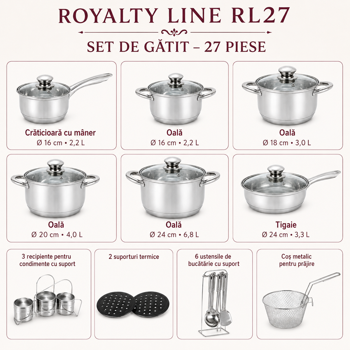 Set vase de gătit Royalty Line RL27, 27 piese, inox, fund capsulat în 7 straturi