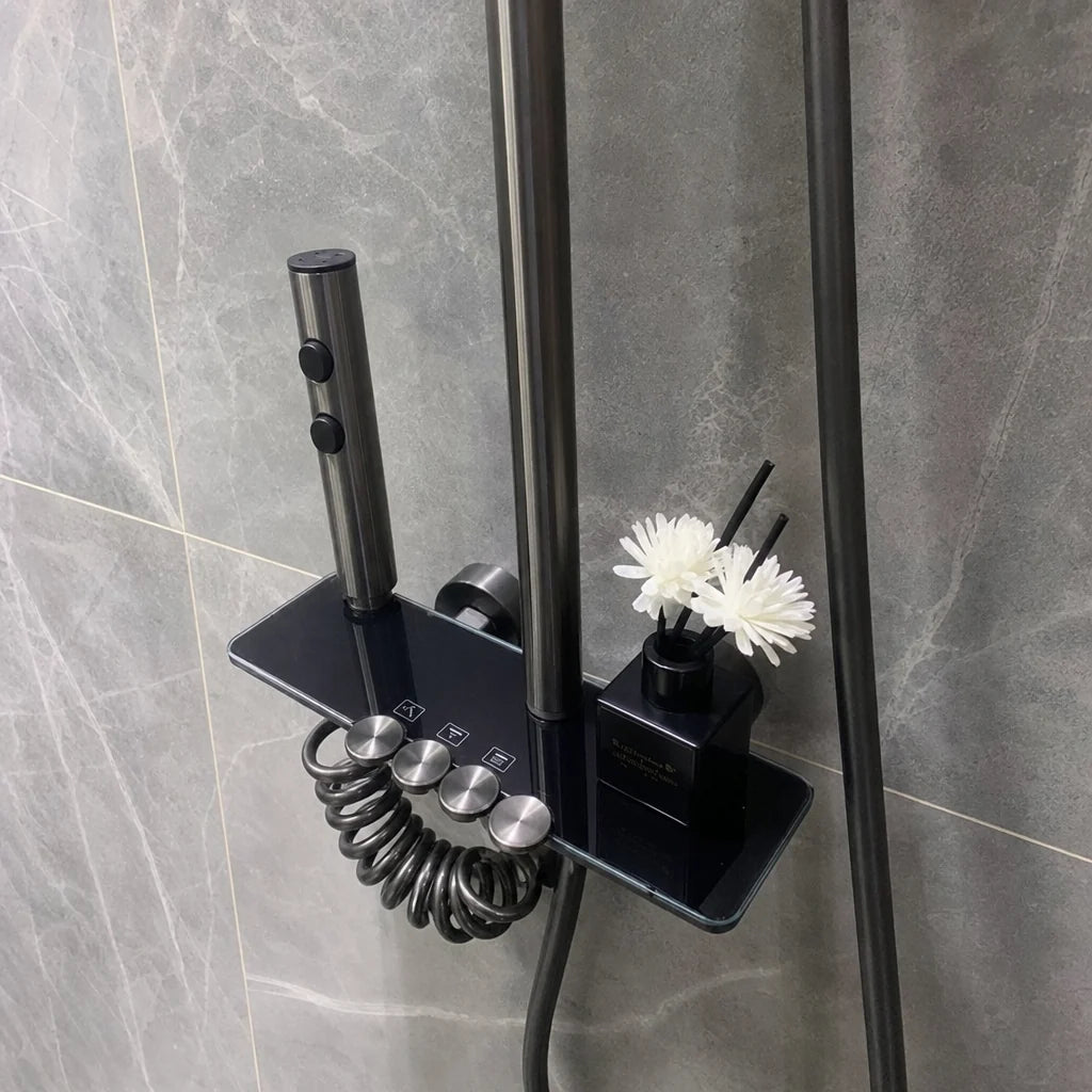 Coloană de Duș din Inox cu Cap de Duș Pătrat 25 cm, Sistem de Duș cu Pară de Duș, Finisaj Crom și Negru, Montaj pe Perete