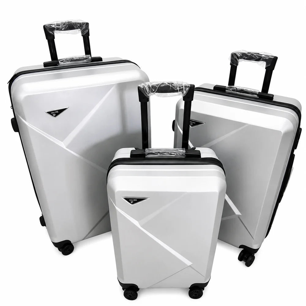 Set 3 Valize ABS Voiaj – Mare, Medie și Cabină 55 cm, 4 Roți Duble 360°, Mâner Telescopic, Carcasă Rigidă