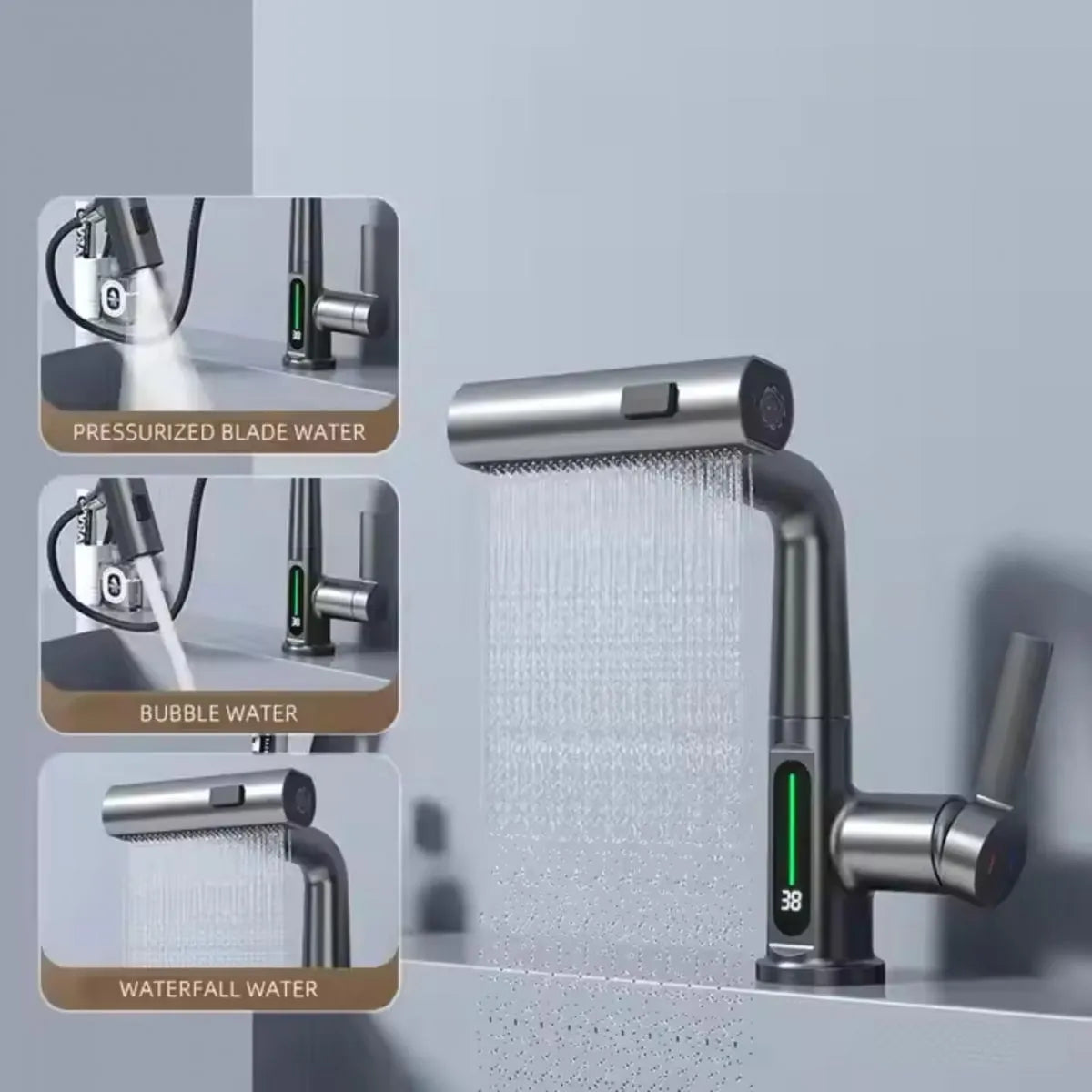 Baterie de lavoar cu afișaj LED – Negru Mat, Extensibilă, cu Alimentare Hidraulică