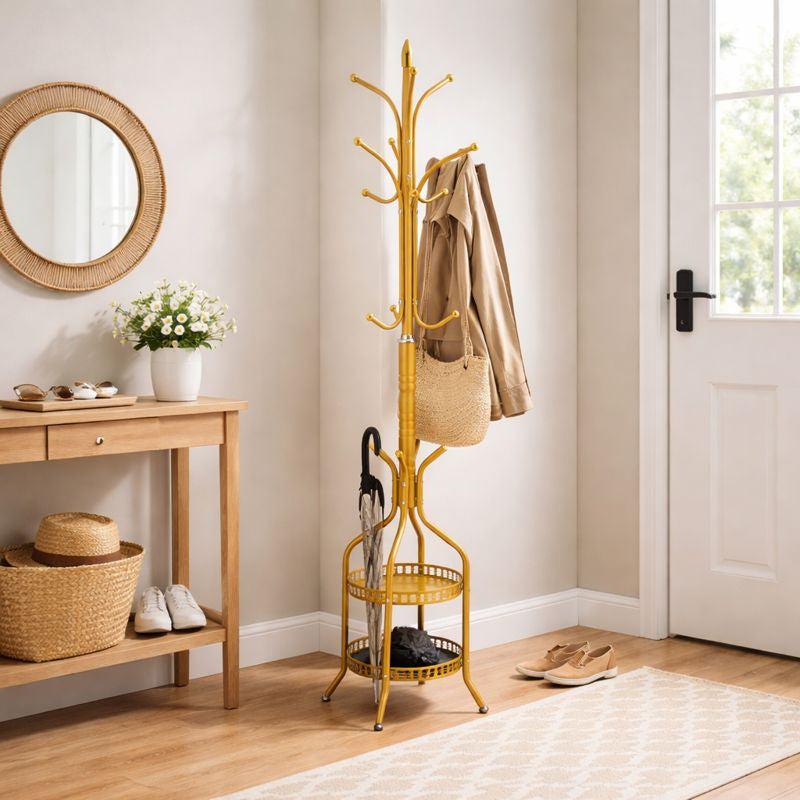 Cuier de Podea Metalic Auriu 34x189 cm cu Cârlige Multiple și 2 Rafturi Depozitare – Tip Hall Tree