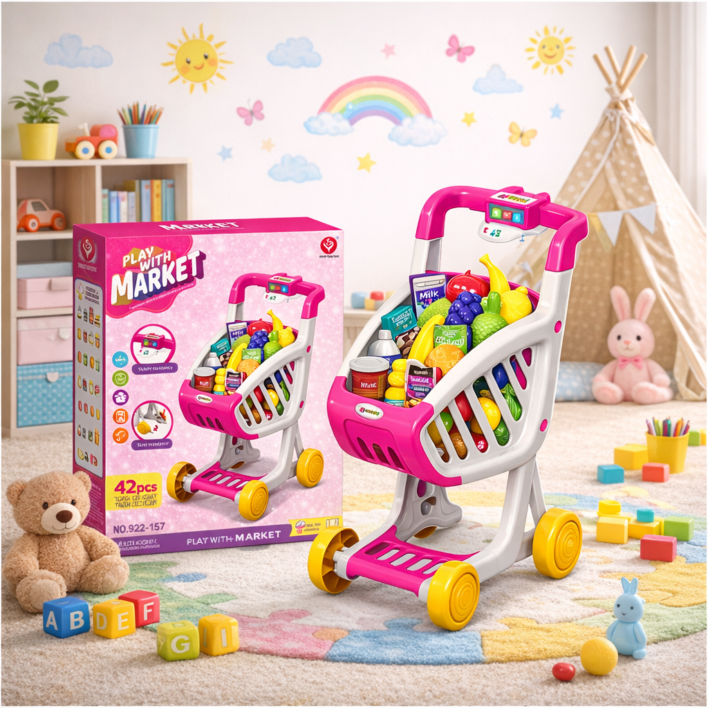 Cărucior Cumpărături Copii „Play With Market”, 42 Piese, Lumini și Sunete, Jucărie Interactivă 3+