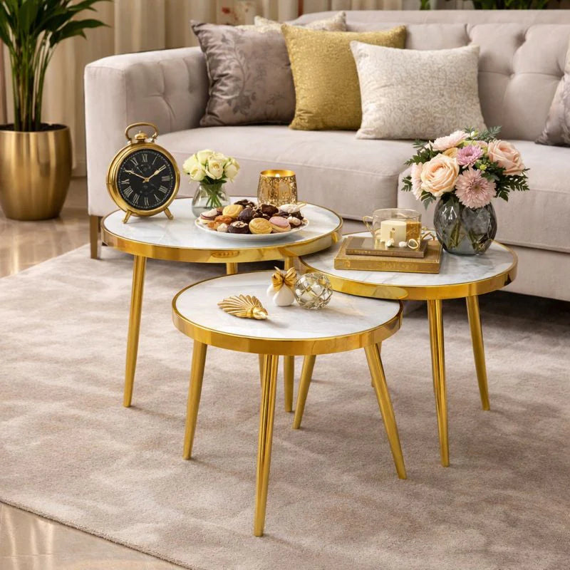 Set 3 Măsuțe Cafea Suprapozabile Rotunde – Design Modern, Structură Metalică, Economie Spațiu