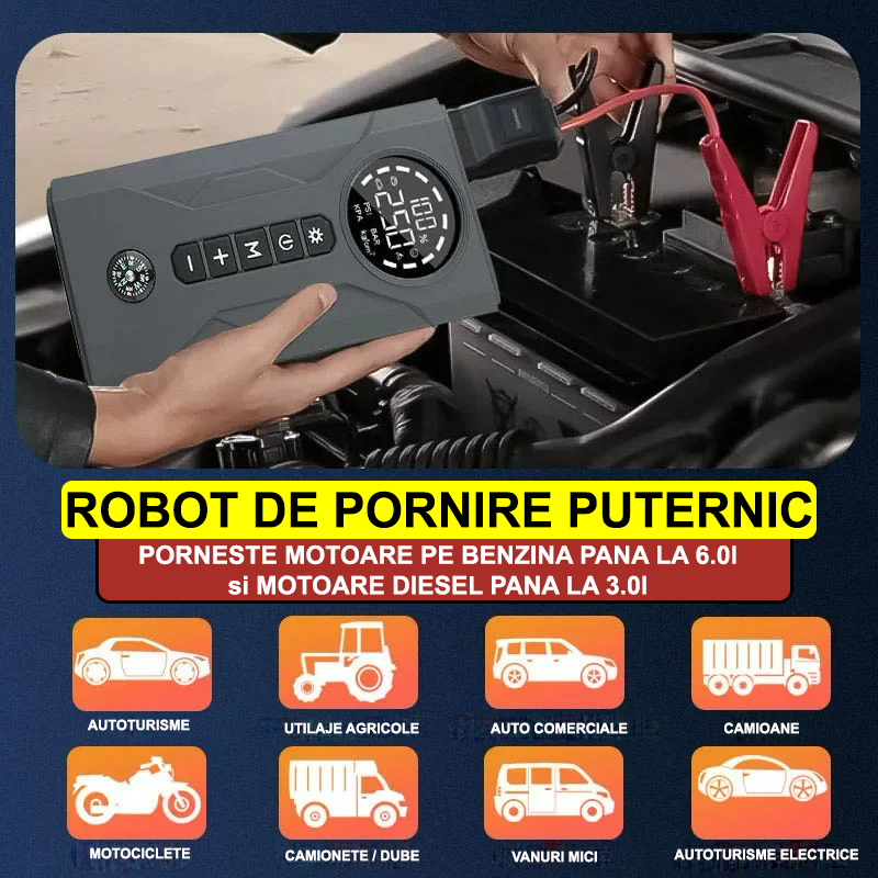 Jump Starter Portabil 4 în 1 cu Compresor Auto, Power Bank și Lanternă LED – Robot Pornire Auto pentru Benzină și Diesel