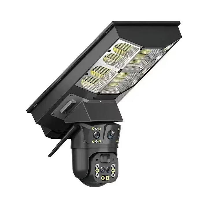 Camera de supraveghere tripla exterior V380 cu alimentare solara, baterie 16000 mAh, proiector 450w,