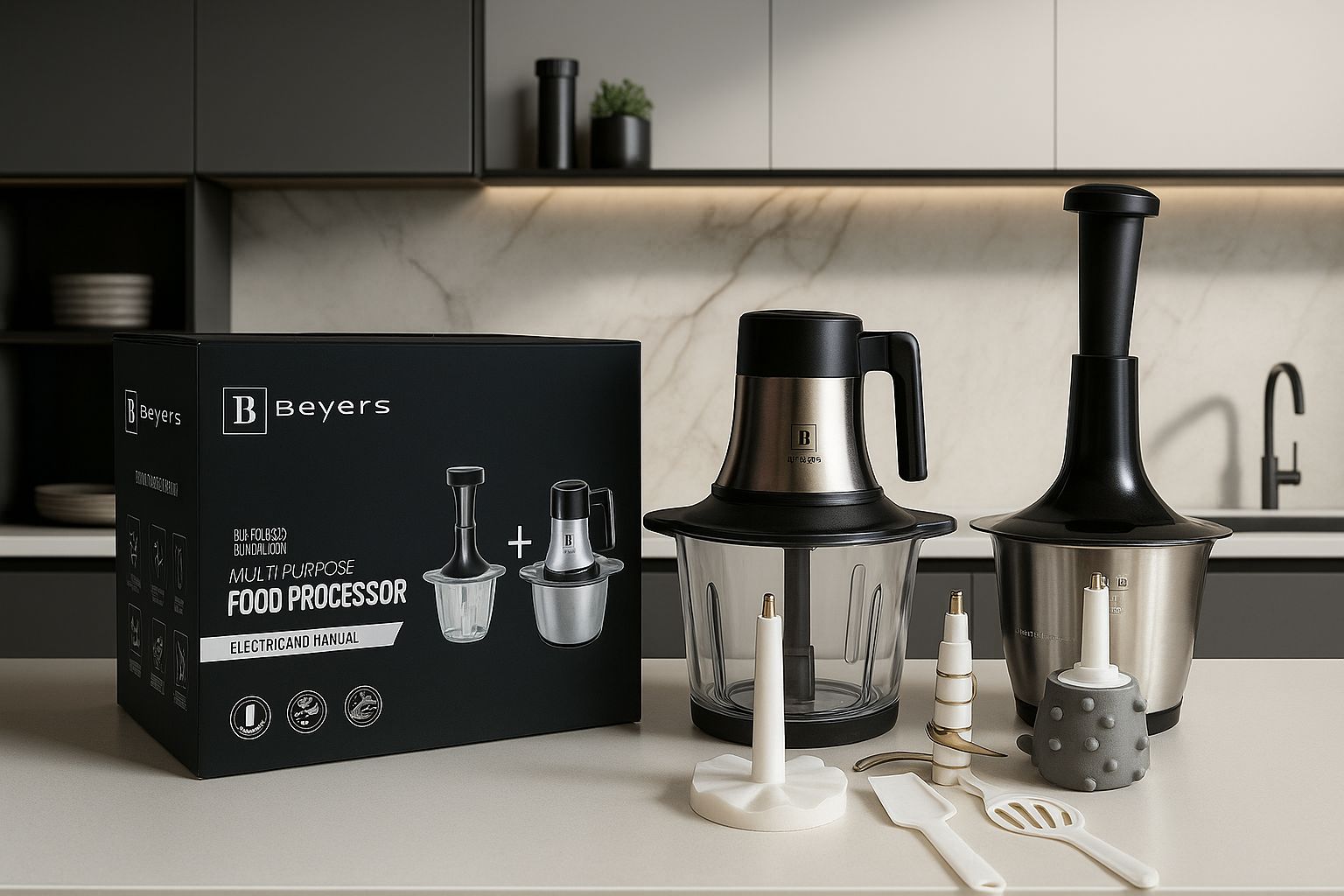 Tocător Electric BEYERS BH-2880, 1000W, 3L Inox + Tocător Manual 3L din Sticlă, 6 Lame